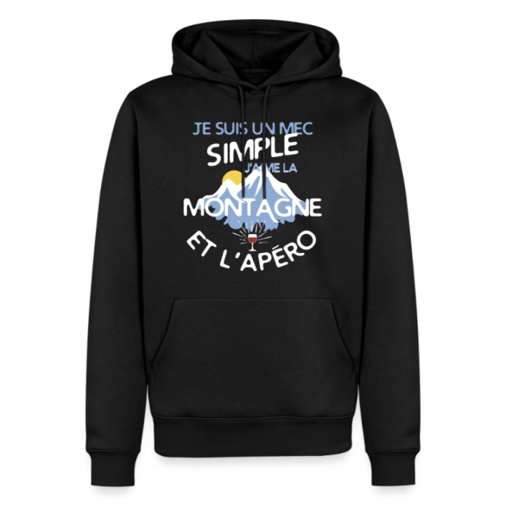 Sweat-shirt à capuche premium homme - Un mec simple: Montagne et apéro - noir - front