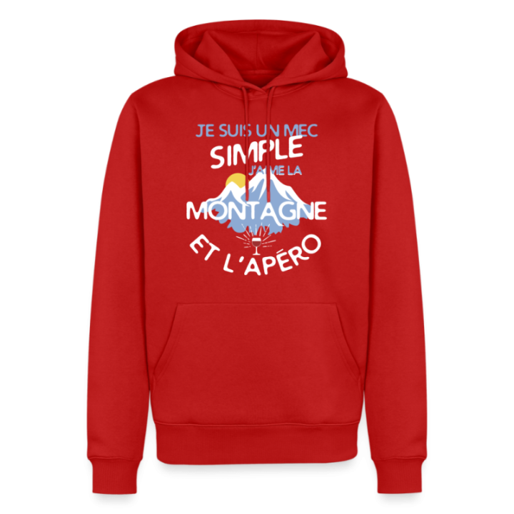 Sweat-shirt à capuche premium homme - Un mec simple: Montagne et apéro - rouge - front