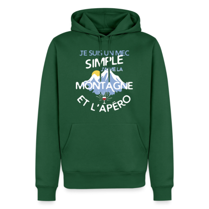 Sweat-shirt à capuche premium homme - Un mec simple: Montagne et apéro - vert bouteille - front