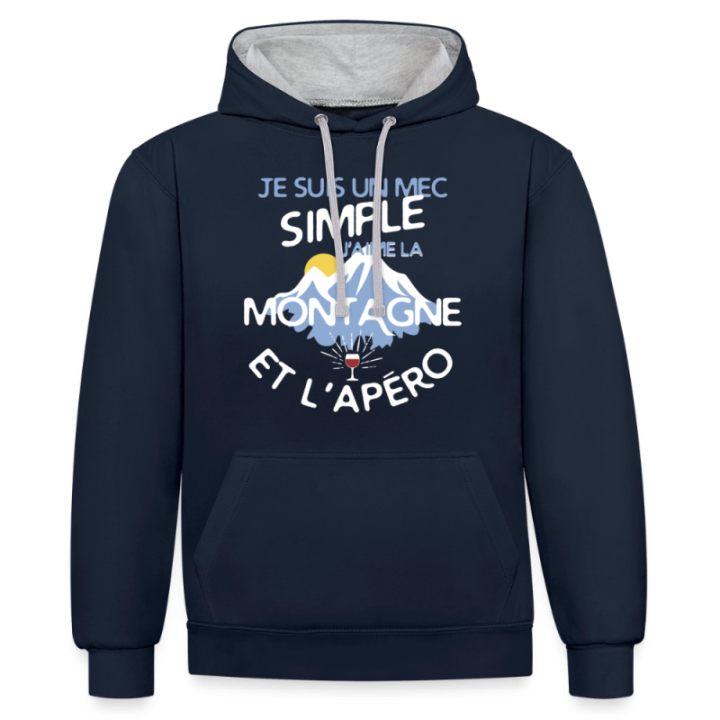 Sweat-shirt à capuche contrasté unisexe - Un mec simple: Montagne et apéro - bleu marine/gris chiné - front