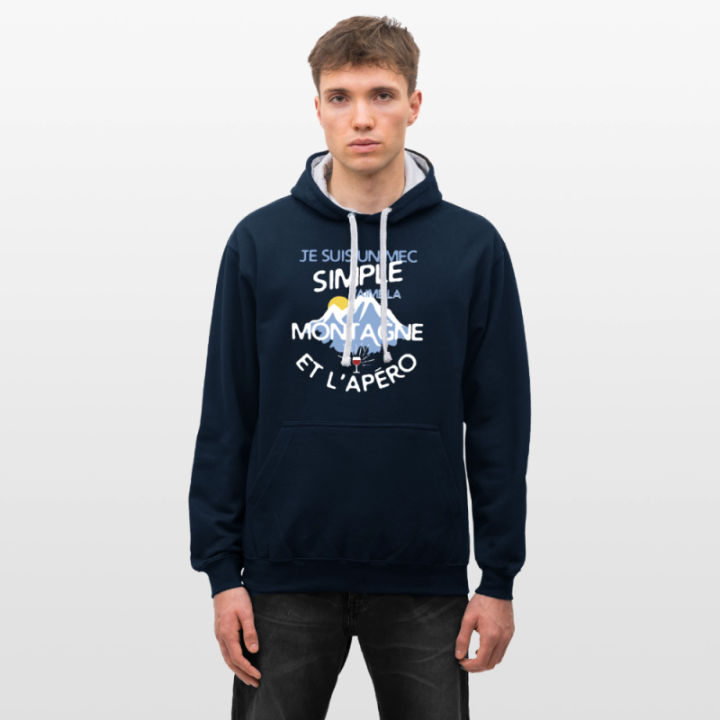 Sweat-shirt à capuche contrasté unisexe - Un mec simple: Montagne et apéro - bleu marine/gris chiné - front