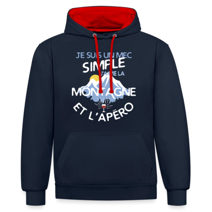 Sweat-shirt à capuche contrasté unisexe - Un mec simple: Montagne et apéro - bleu marine/rouge - front