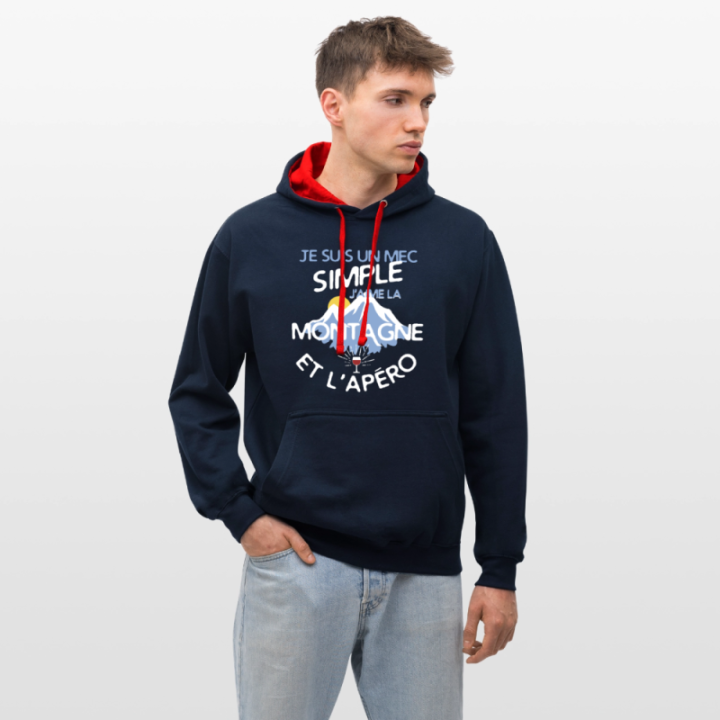 Sweat-shirt à capuche contrasté unisexe - Un mec simple: Montagne et apéro - bleu marine/rouge - front
