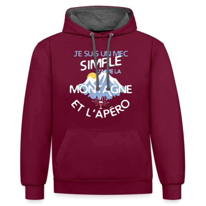 Sweat-shirt à capuche contrasté unisexe - Un mec simple: Montagne et apéro - bordeaux/anthracite - front