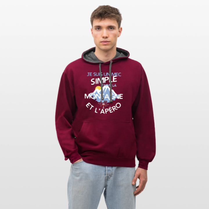 Sweat-shirt à capuche contrasté unisexe - Un mec simple: Montagne et apéro - bordeaux/anthracite - front