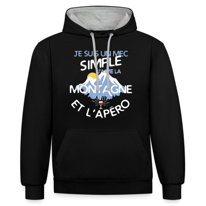 Sweat-shirt à capuche contrasté unisexe - Un mec simple: Montagne et apéro - noir/gris chiné - front