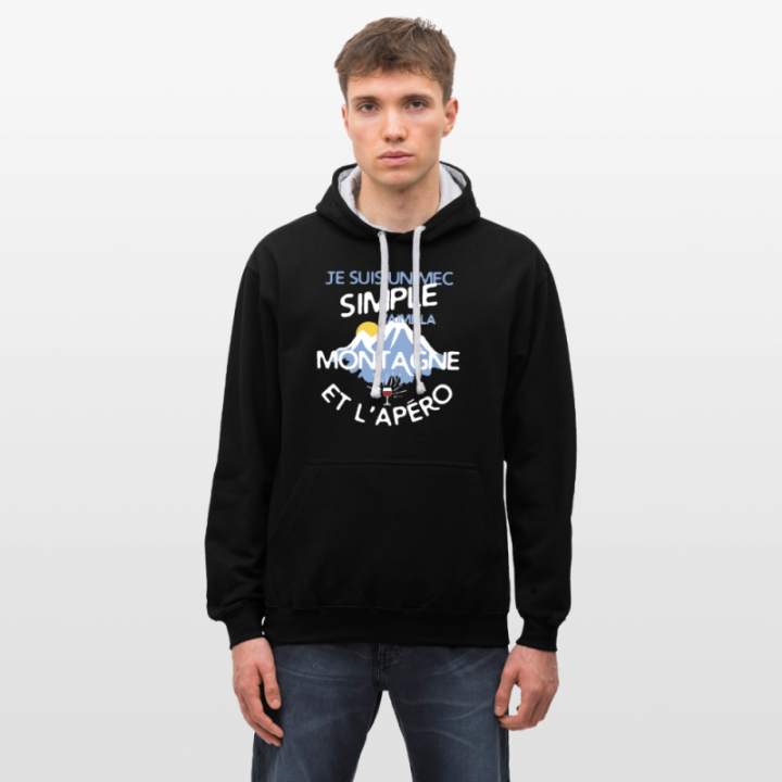 Sweat-shirt à capuche contrasté unisexe - Un mec simple: Montagne et apéro - noir/gris chiné - front