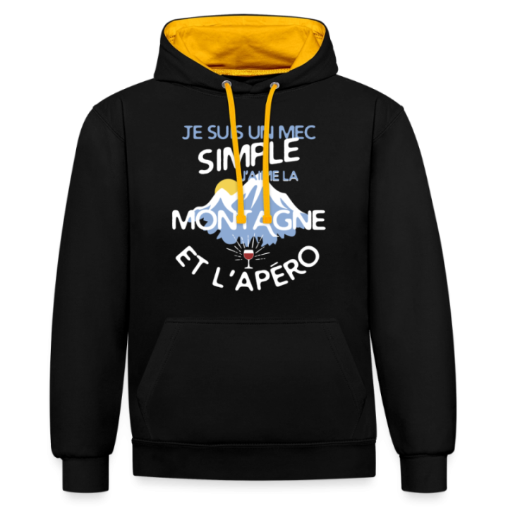 Sweat-shirt à capuche contrasté unisexe - Un mec simple: Montagne et apéro - noir/or - front