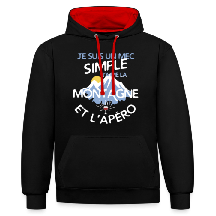 Sweat-shirt à capuche contrasté unisexe - Un mec simple: Montagne et apéro - noir/rouge - front