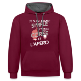 Sweat-shirt à capuche contrasté unisexe - Un mec simple: Corse et apéro - bordeaux/anthracite - front