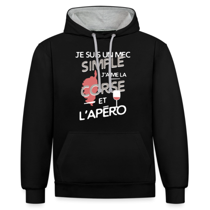 Sweat-shirt à capuche contrasté unisexe - Un mec simple: Corse et apéro - noir/gris chiné - front