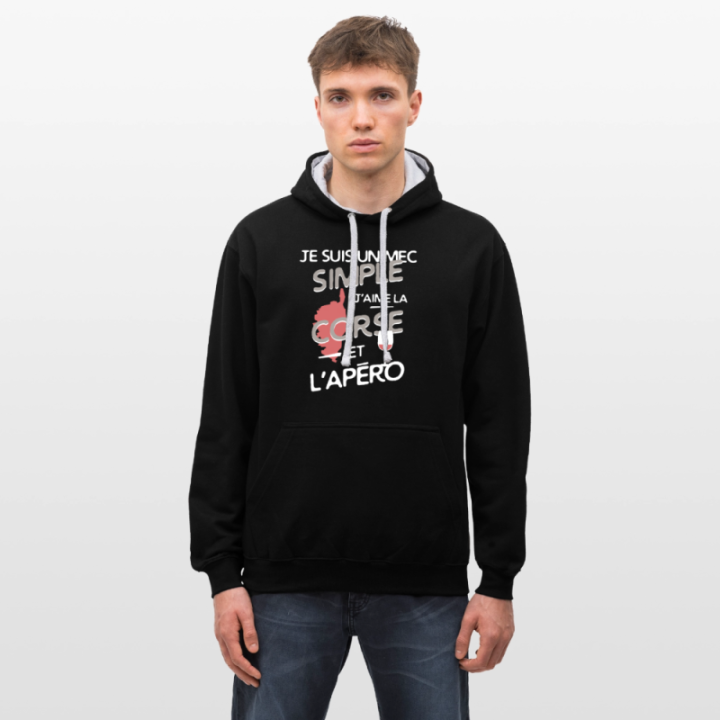 Sweat-shirt à capuche contrasté unisexe - Un mec simple: Corse et apéro - noir/gris chiné - front