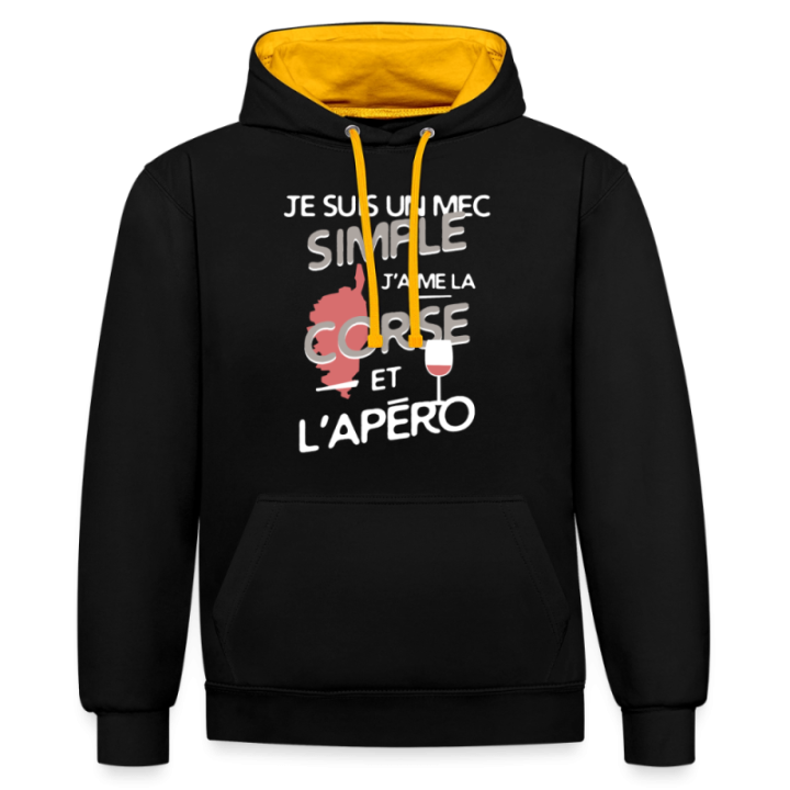 Sweat-shirt à capuche contrasté unisexe - Un mec simple: Corse et apéro - noir/or - front