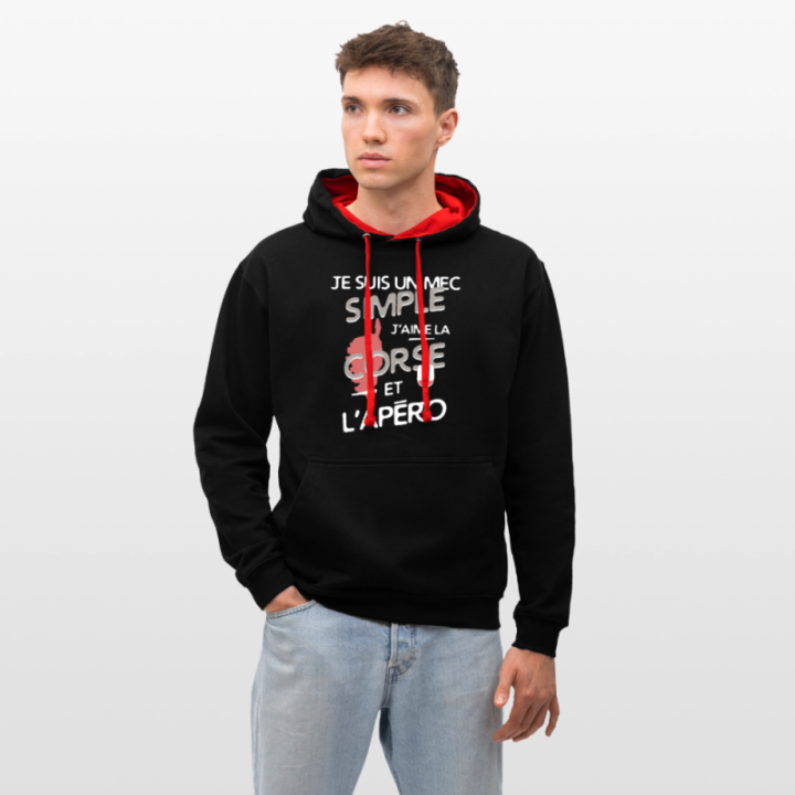 Sweat-shirt à capuche contrasté unisexe - Un mec simple: Corse et apéro - noir/rouge - front