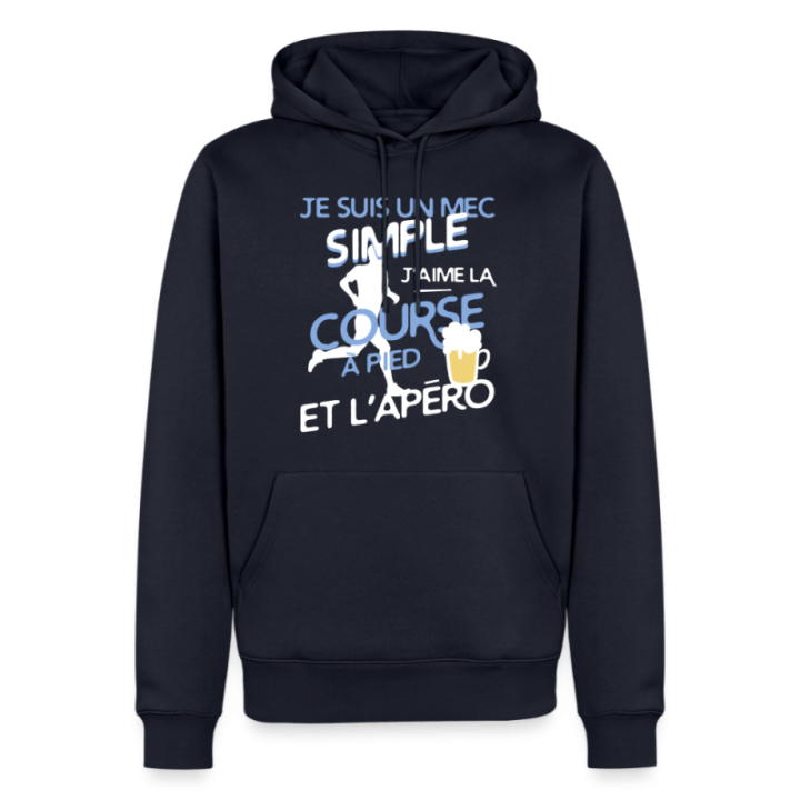 Sweat-shirt à capuche premium homme - Un mec simple: Course et apéro - bleu marine - front