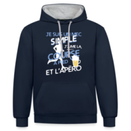 Sweat-shirt à capuche contrasté unisexe - Un mec simple: Course et apéro - bleu marine/gris chiné - front