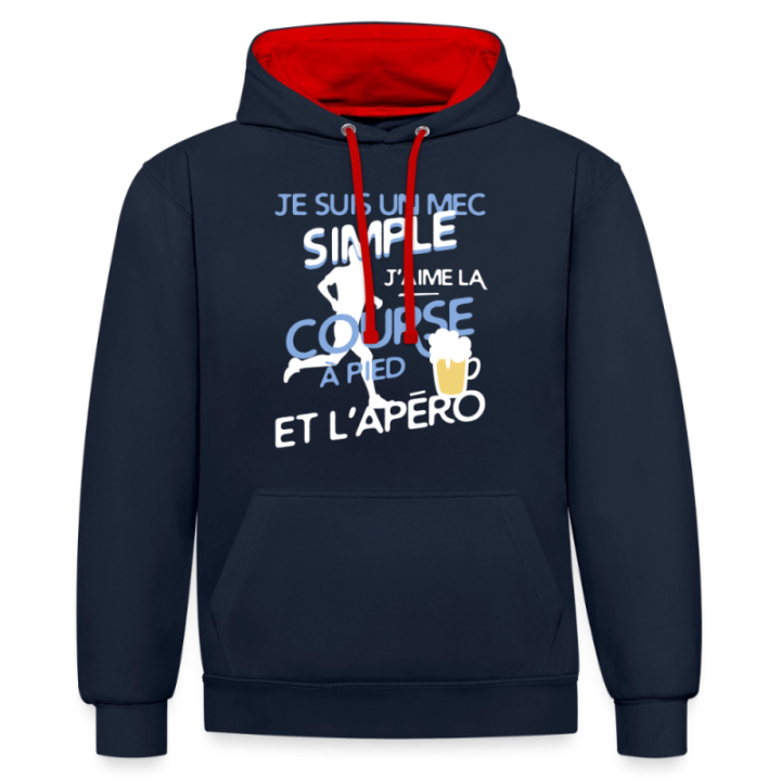 Sweat-shirt à capuche contrasté unisexe - Un mec simple: Course et apéro - bleu marine/rouge - front