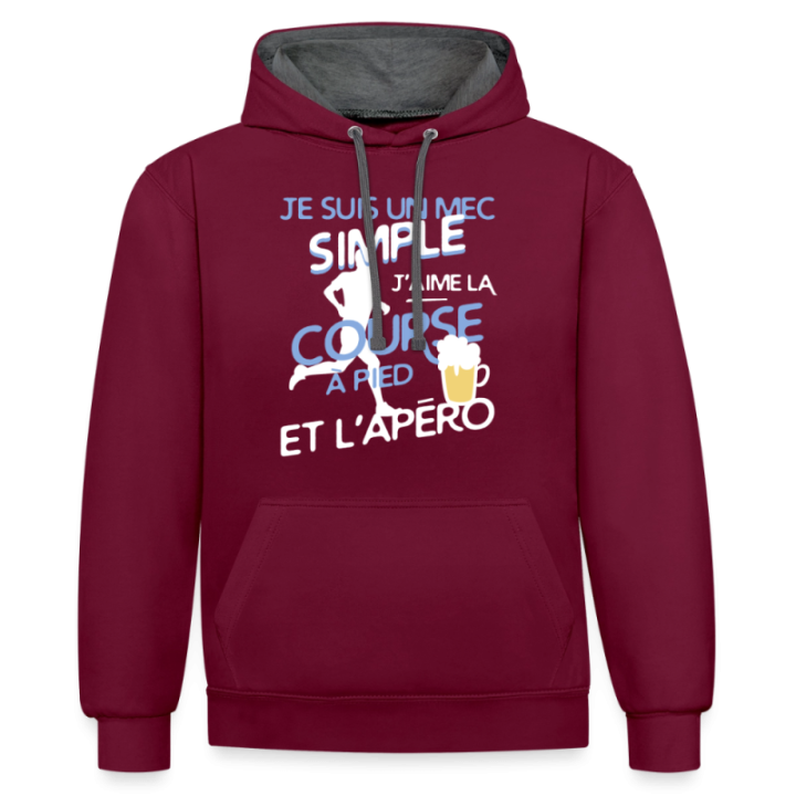 Sweat-shirt à capuche contrasté unisexe - Un mec simple: Course et apéro - bordeaux/anthracite - front