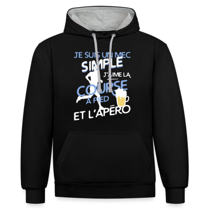 Sweat-shirt à capuche contrasté unisexe - Un mec simple: Course et apéro - noir/gris chiné - front
