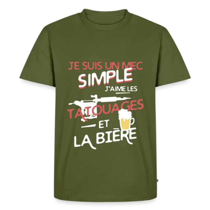 T-shirt premium homme - Un mec simple: Tatouages et apéro - kaki - front