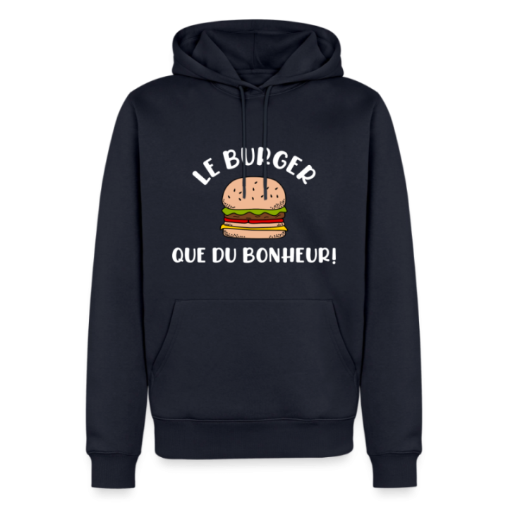 Sweat-shirt à capuche premium homme - Burger: Que du bonheur - bleu marine - front