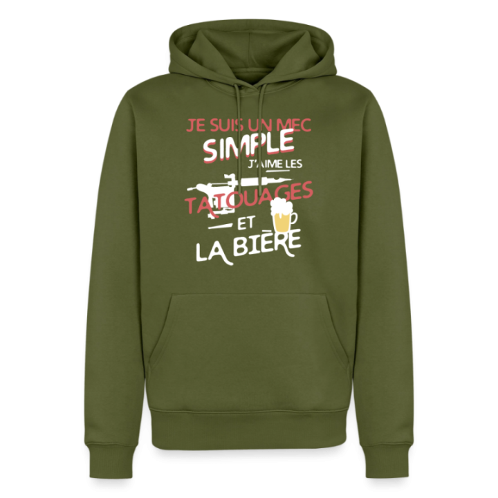 Sweat-shirt à capuche premium homme - Un mec simple: Tatouages et apéro - kaki - front