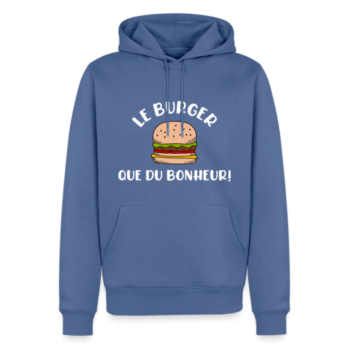 Sweat-shirt à capuche premium homme - Burger: Que du bonheur - bleu pigeon - front