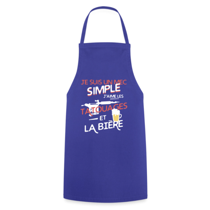 Tablier de cuisine - Un mec simple: Tatouages et apéro - bleu royal - front