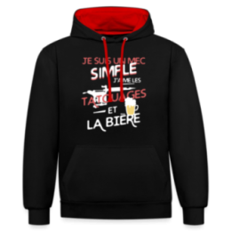 Sweat-shirt à capuche contrasté unisexe - Un mec simple: Tatouages et apéro - noir/rouge - front