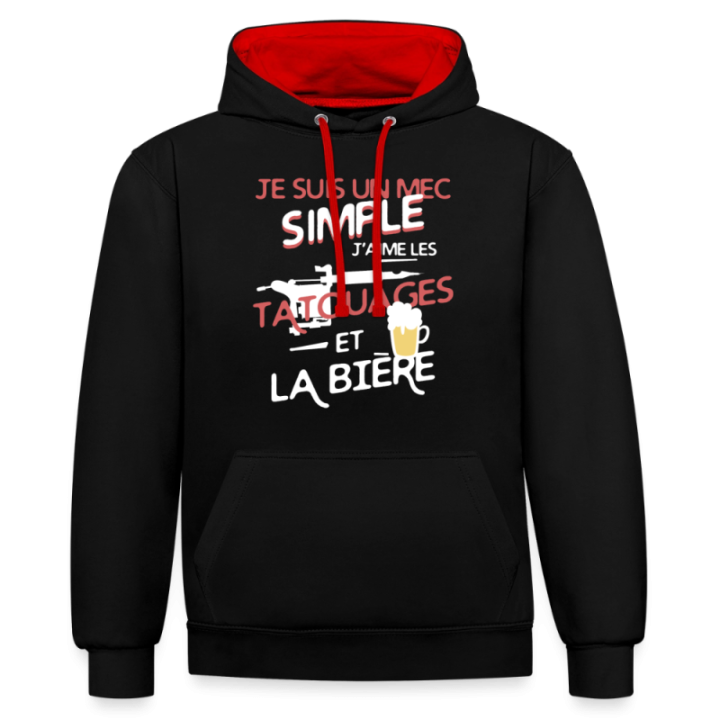 Sweat-shirt à capuche contrasté unisexe - Un mec simple: Tatouages et apéro - noir/rouge - front