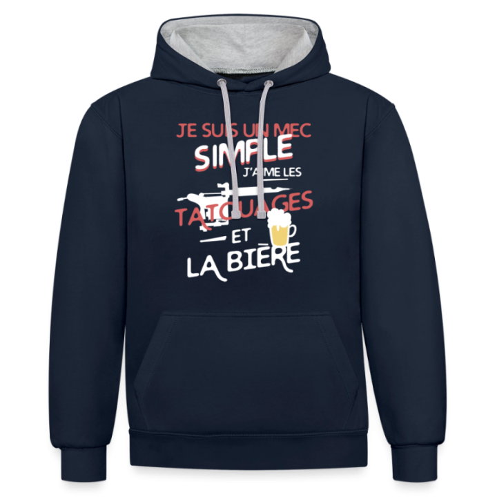Sweat-shirt à capuche contrasté unisexe - Un mec simple: Tatouages et apéro - bleu marine/gris chiné - front