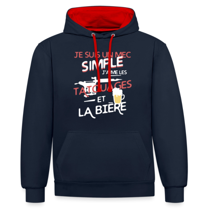 Sweat-shirt à capuche contrasté unisexe - Un mec simple: Tatouages et apéro - bleu marine/rouge - front