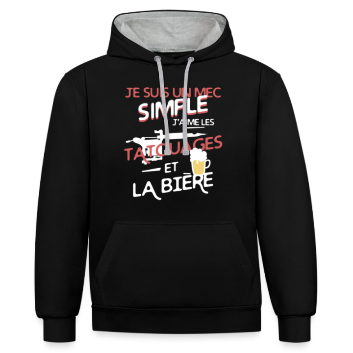 Sweat-shirt à capuche contrasté unisexe - Un mec simple: Tatouages et apéro - noir/gris chiné - front