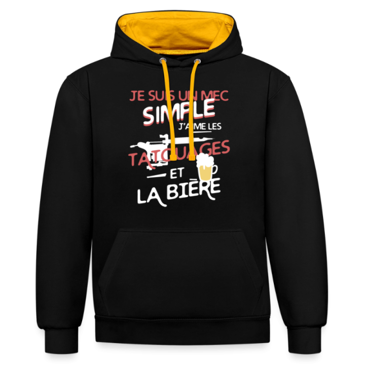 Sweat-shirt à capuche contrasté unisexe - Un mec simple: Tatouages et apéro - noir/or - front