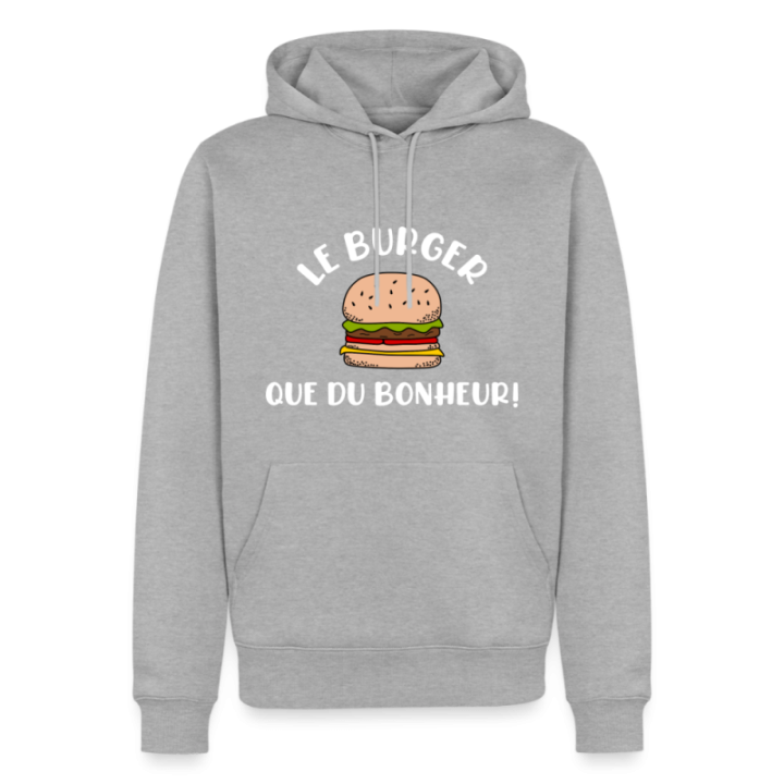 Sweat-shirt à capuche premium homme - Burger: Que du bonheur - gris chiné - front