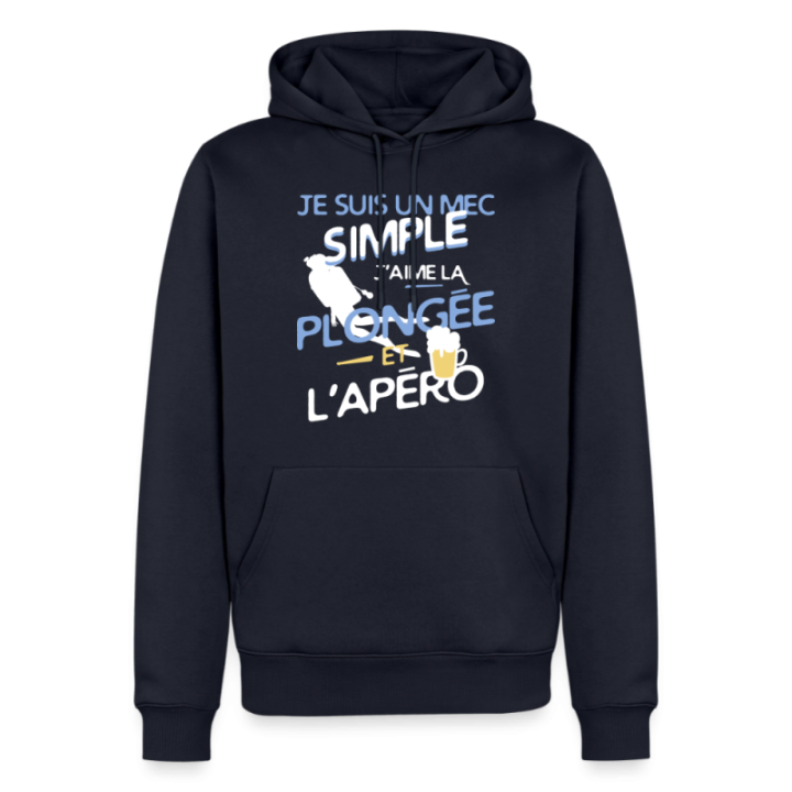 Sweat-shirt à capuche premium homme - Un mec simple: Plongée et apéro - bleu marine - front