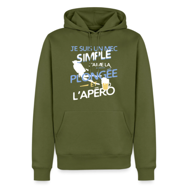 Sweat-shirt à capuche premium homme - Un mec simple: Plongée et apéro - kaki - front