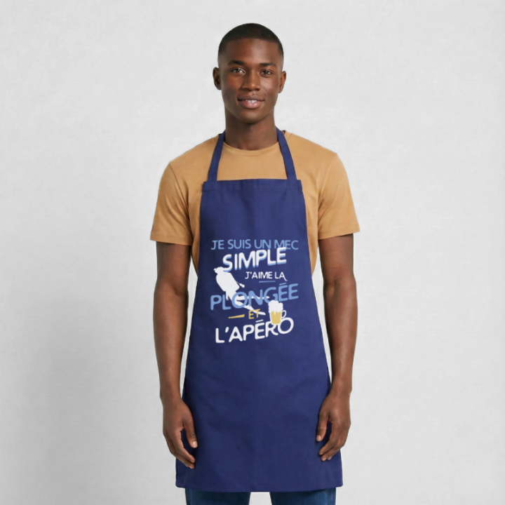 Tablier de cuisine - Un mec simple: Plongée et apéro - bleu royal - front