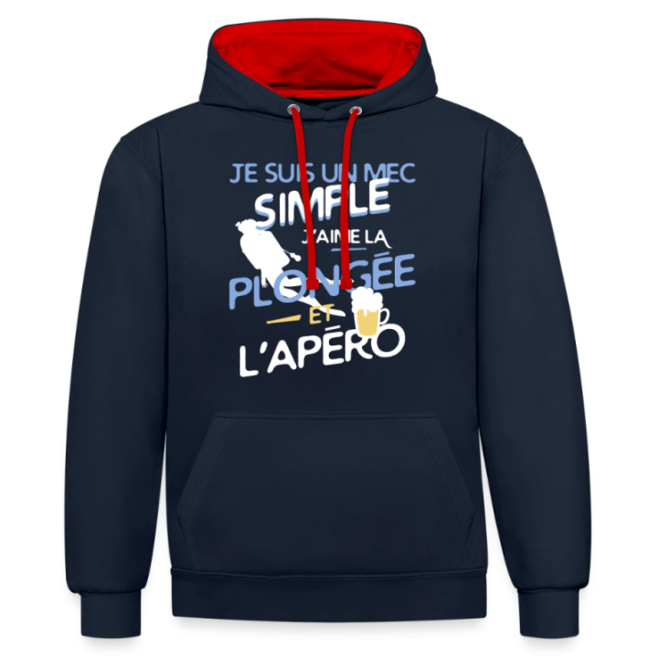 Sweat-shirt à capuche contrasté unisexe - Un mec simple: Plongée et apéro - bleu marine/rouge - front