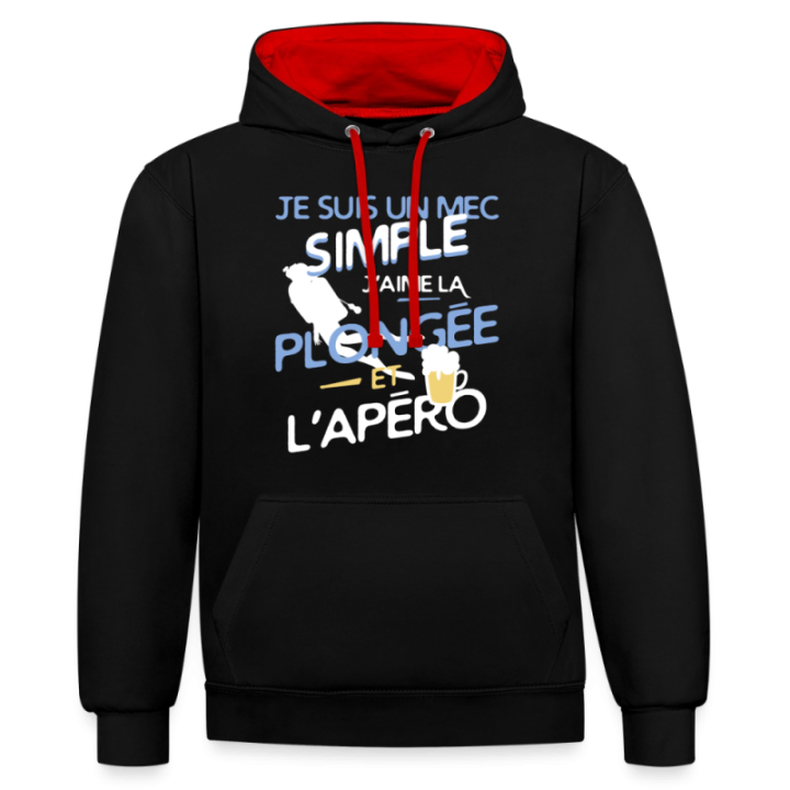 Sweat-shirt à capuche contrasté unisexe - Un mec simple: Plongée et apéro - noir/rouge - front