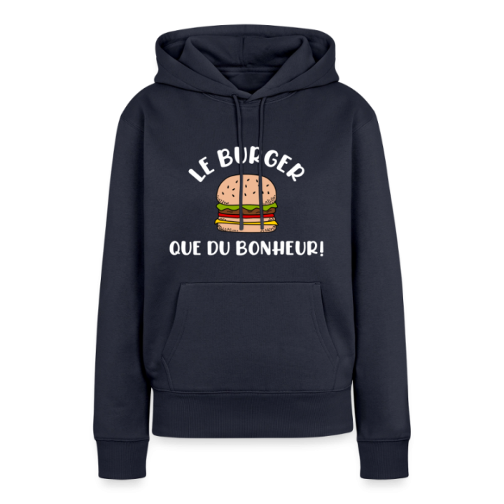 Sweat-shirt à capuche premium femme - Burger: Que du bonheur - bleu marine - front