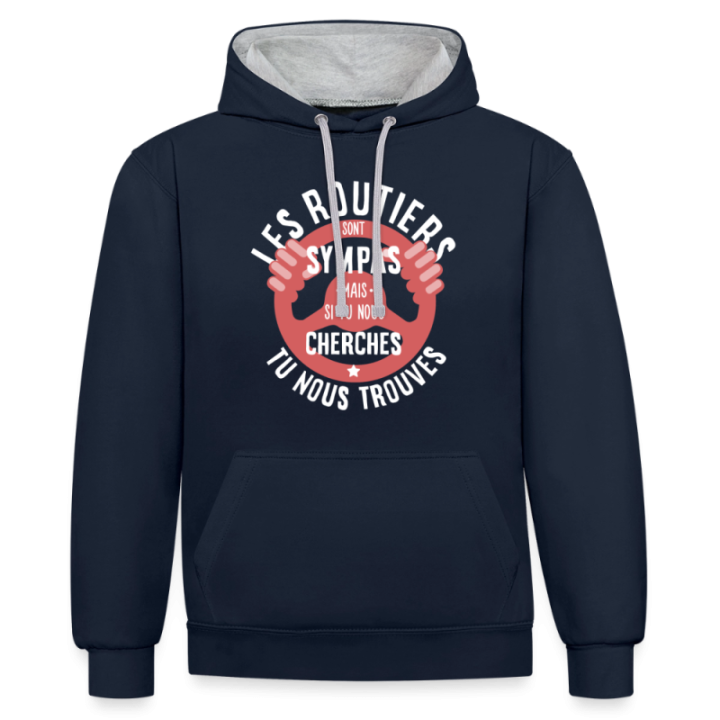 Sweat-shirt à capuche contrasté unisexe - Les routiers sont sympas mais... - bleu marine/gris chiné - front
