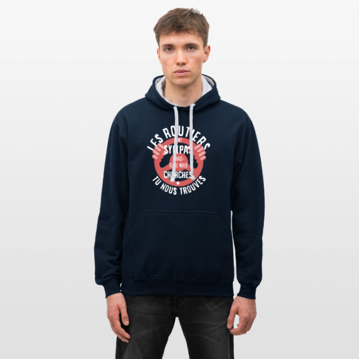 Sweat-shirt à capuche contrasté unisexe - Les routiers sont sympas mais... - bleu marine/gris chiné - front