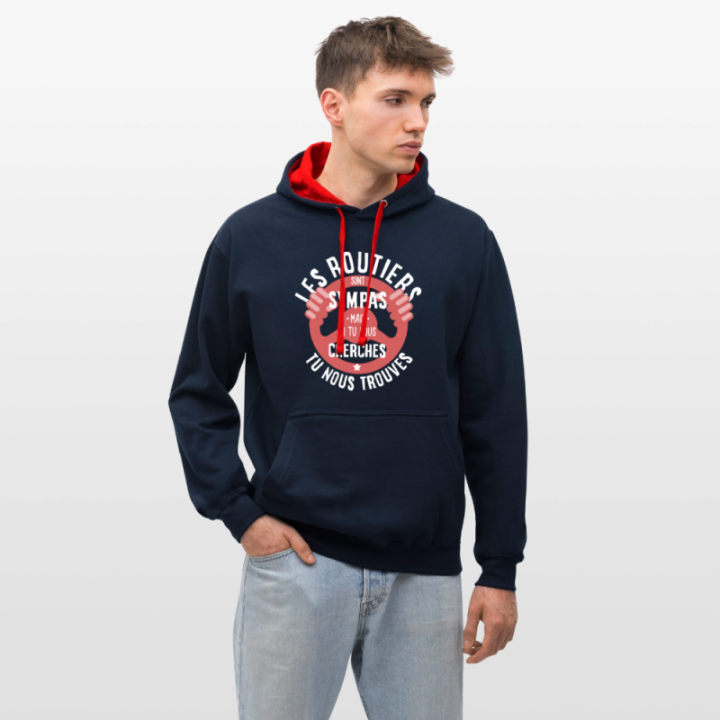 Sweat-shirt à capuche contrasté unisexe - Les routiers sont sympas mais... - bleu marine/rouge - front