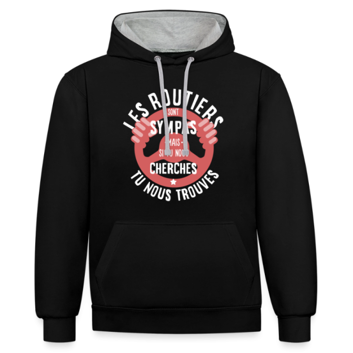 Sweat-shirt à capuche contrasté unisexe - Les routiers sont sympas mais... - noir/gris chiné - front