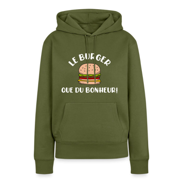 Sweat-shirt à capuche premium femme - Burger: Que du bonheur - kaki - front