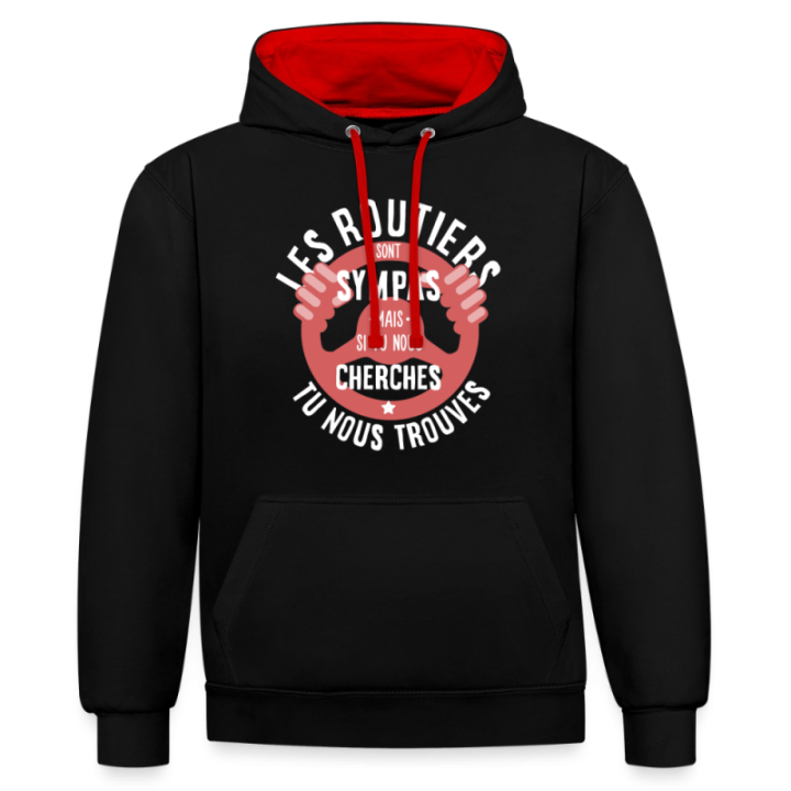 Sweat-shirt à capuche contrasté unisexe - Les routiers sont sympas mais... - noir/rouge - front