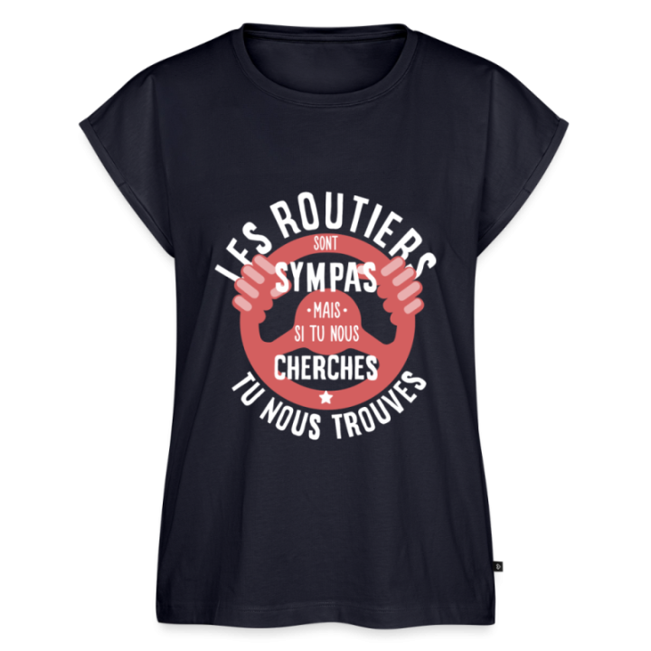 T-shirt à manches retroussées femme - Les routiers sont sympas mais... - bleu marine - front