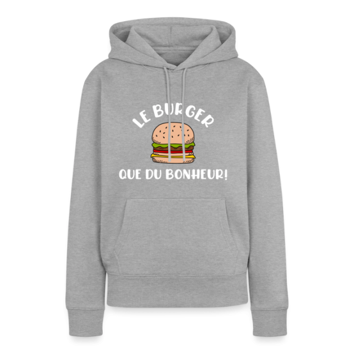 Sweat-shirt à capuche premium femme - Burger: Que du bonheur - gris chiné - front