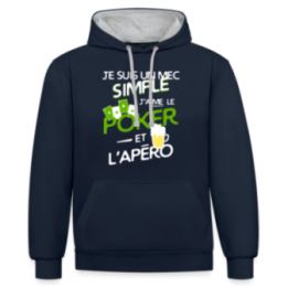 Sweat-shirt à capuche contrasté unisexe - Un mec simple: Poker et apéro - bleu marine/gris chiné - front